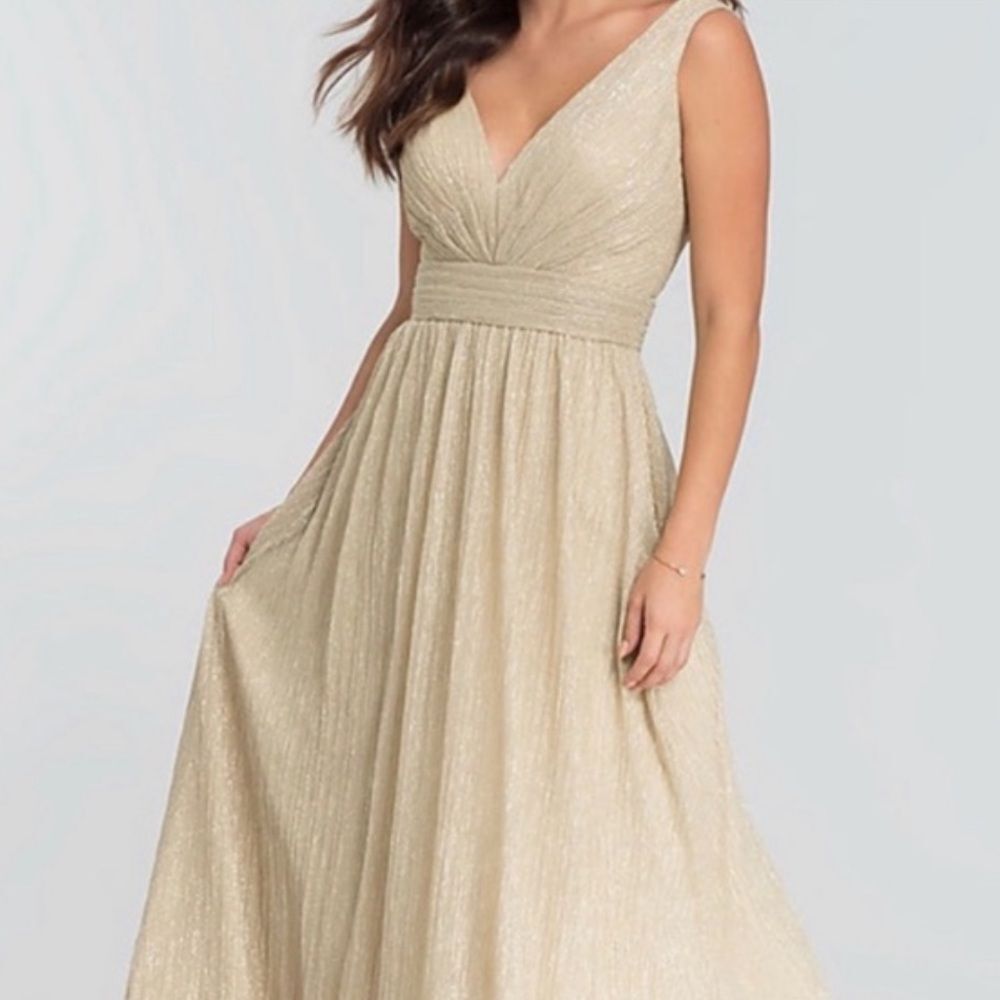 Kleinfeld Gold Shimmer V Neck Bridesmaid Gown Dress, Size 8 NWOT